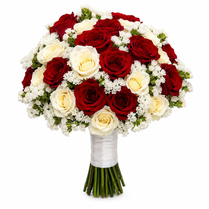 Red and white rose bridal bouquet with white filler flowers