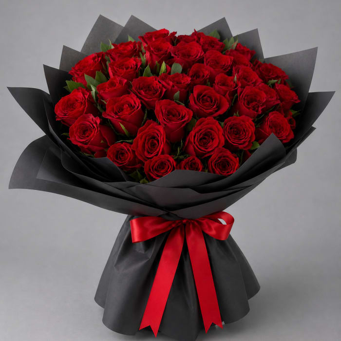 Bouquet of red roses wrapped in black paper with a red ribbon
