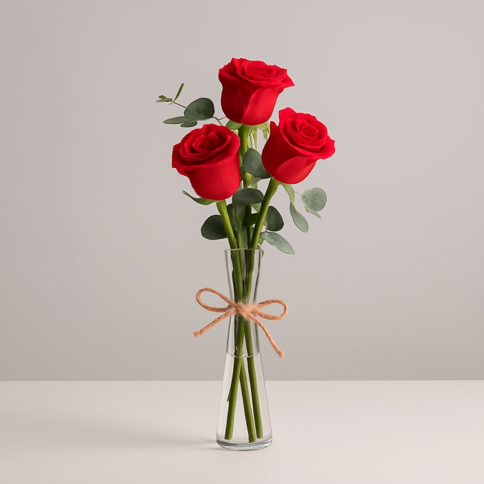 Three red roses in a clear glass vase tied with twine
