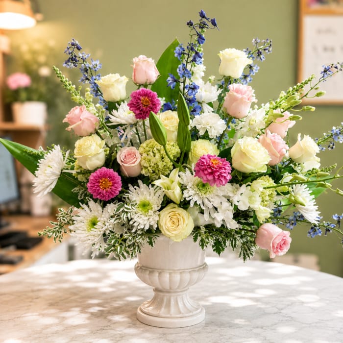 Mixed bouquet of pink, white, and blue flowers in a white pedestal vase