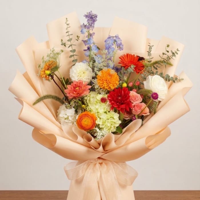 Colorful mixed bouquet wrapped in peach paper with a bow