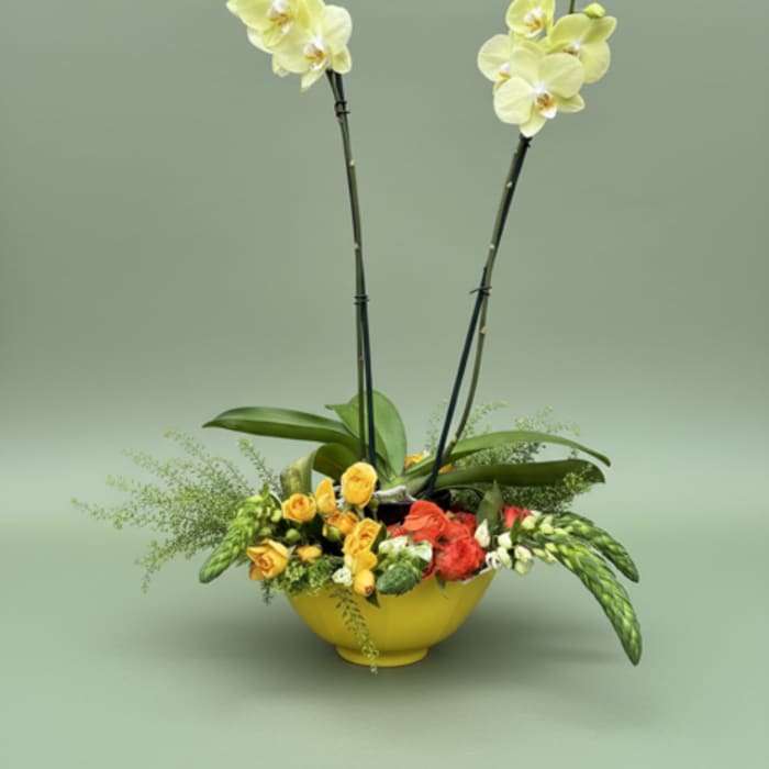 Yellow orchids and mixed flowers arranged in a yellow bowl vase