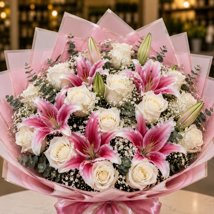 Pink lilies and white roses arranged in pink wrap with a ribbon