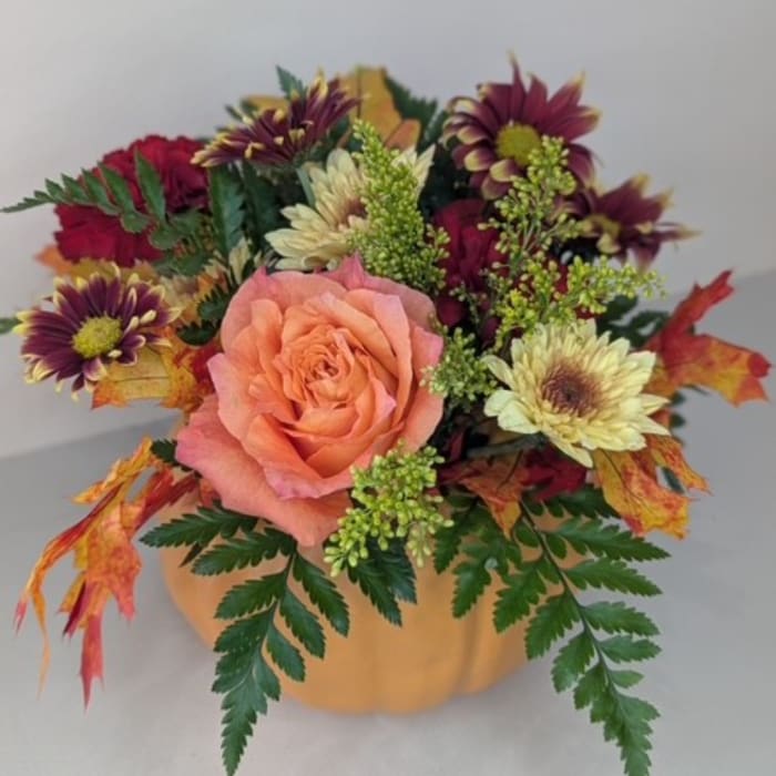 Peach rose arrangement in a pumpkin-shaped container with autumn flowers