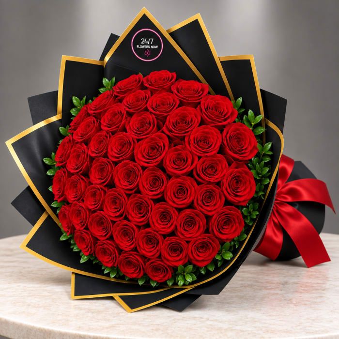 Bouquet of red roses wrapped in black paper with gold trim and a red ribbon