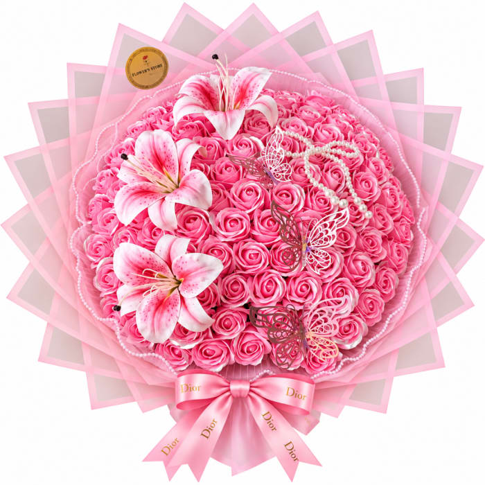 Pink rose bouquet with lilies, pearls, butterflies, and a pink ribbon