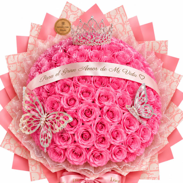 Pink rose bouquet with a tiara, butterfly decorations, and a ribbon band