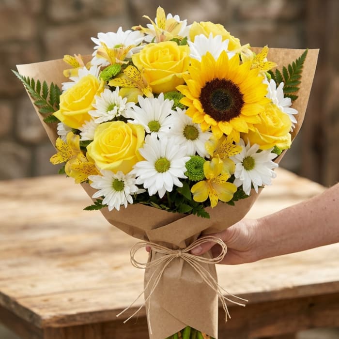 Bouquet of yellow roses, white daisies, and a sunflower wrapped in kraft paper