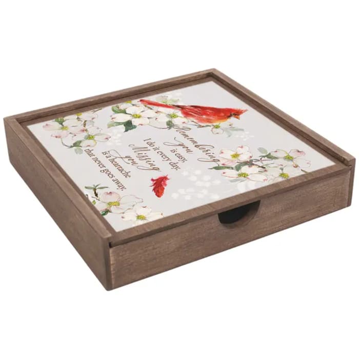 Wooden tray with a floral printed lid and a cardinal illustration