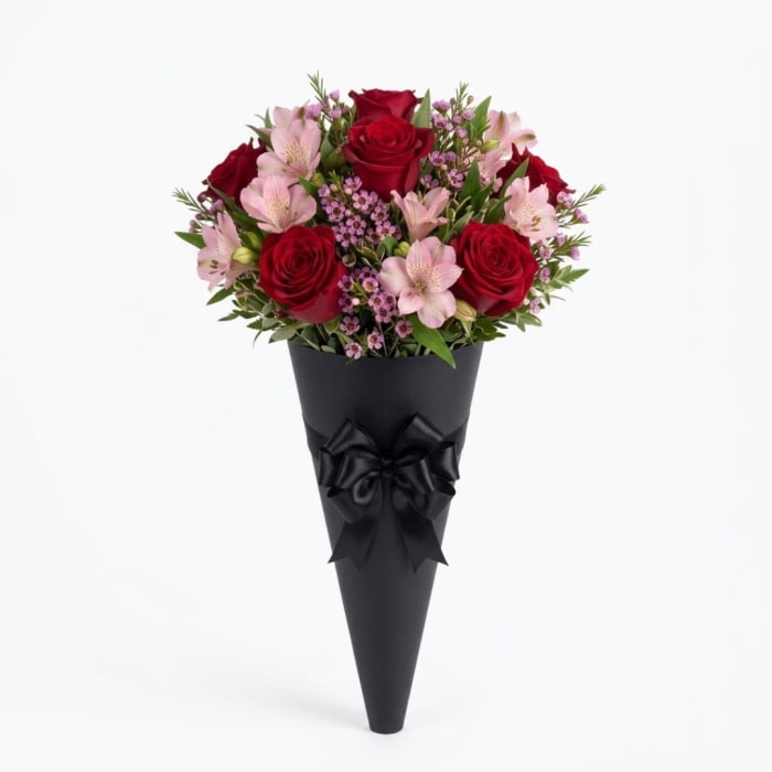 Red roses and pink flowers in a black cone wrap with a ribbon
