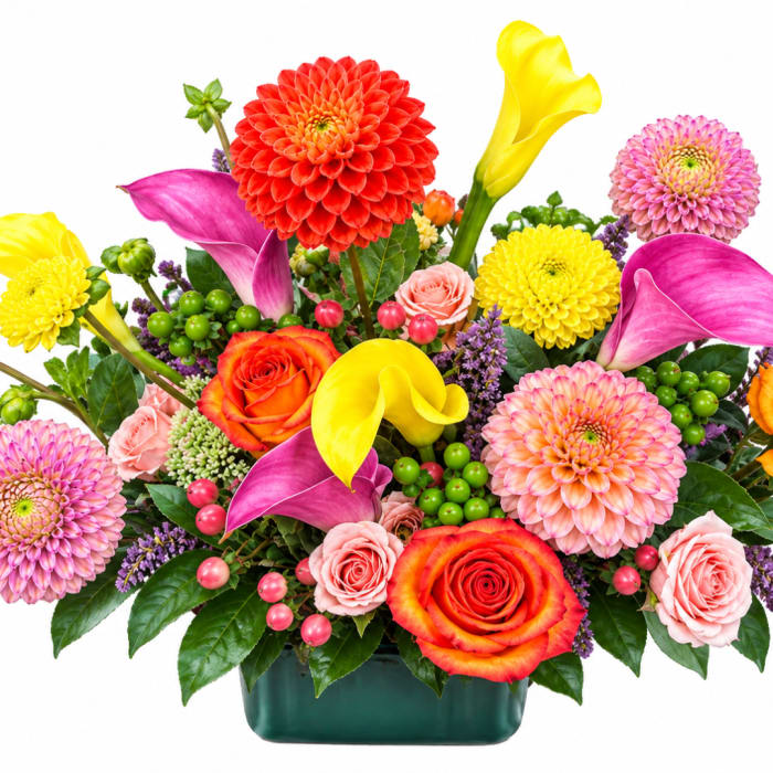 Colorful mixed bouquet with calla lilies, dahlias, roses, and a green vase