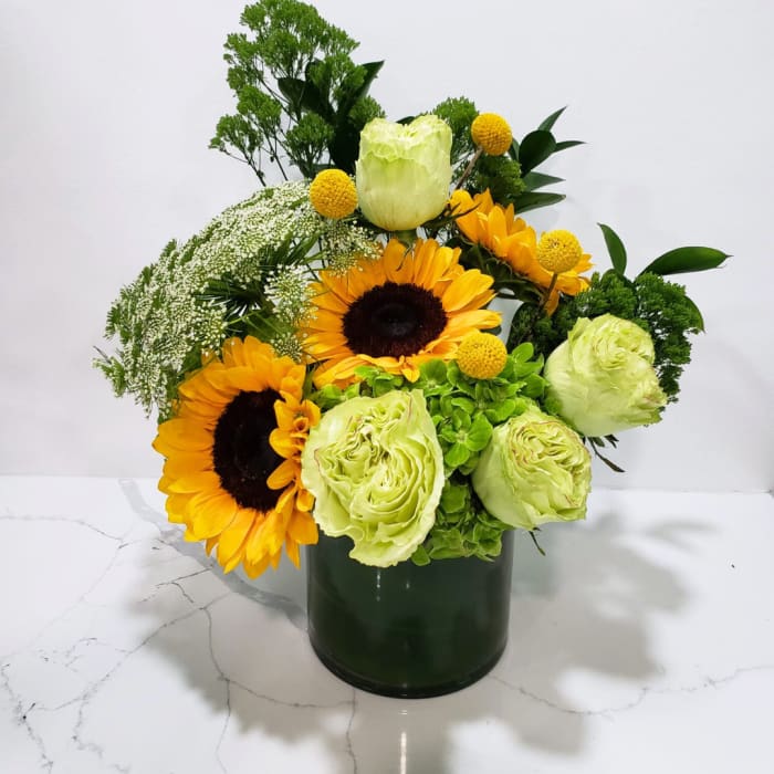 Sunflowers and pale green roses in a dark vase