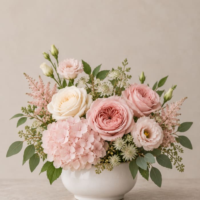 Pink and white floral arrangement in a white bowl vase