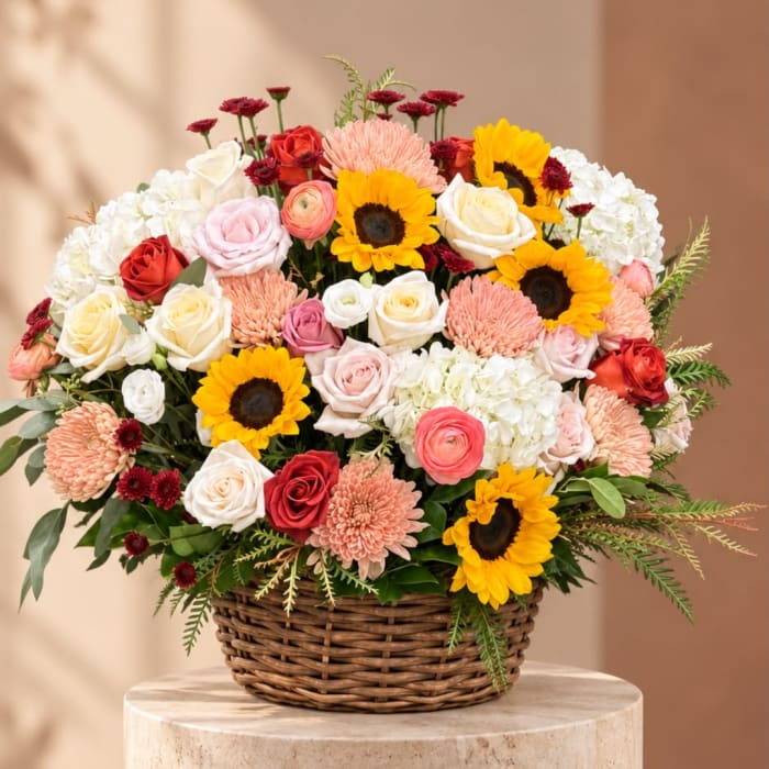 Mixed bouquet in a wicker basket with roses, sunflowers, and chrysanthemums