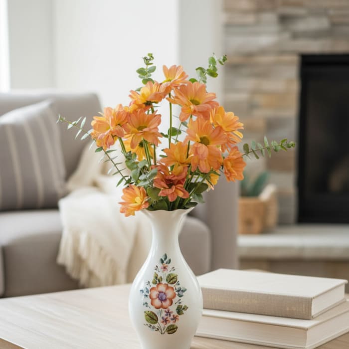 Orange daisy bouquet in a white floral vase on a table