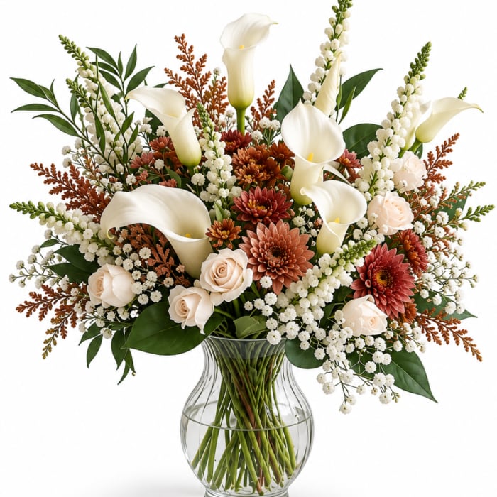 White calla lilies and peach roses in a clear glass vase