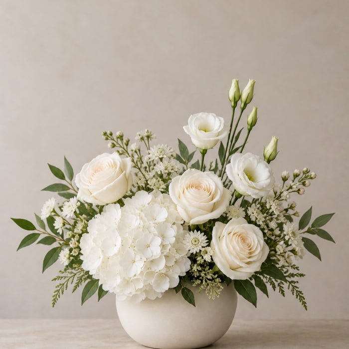 White roses and lisianthus in a round white vase