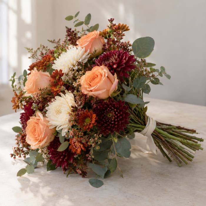 Bouquet of peach roses, white chrysanthemums, and burgundy blooms