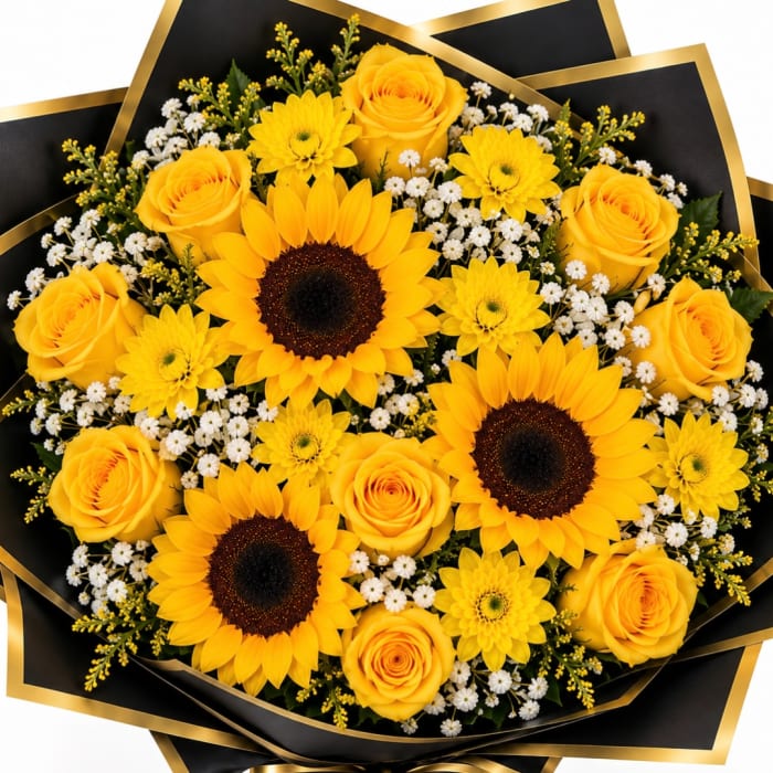 Bouquet of yellow roses, sunflowers, and small white flowers in black wrap