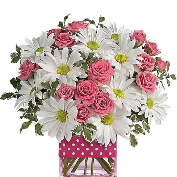 Pink roses and white daisies in a clear square vase with a polka-dot wrap