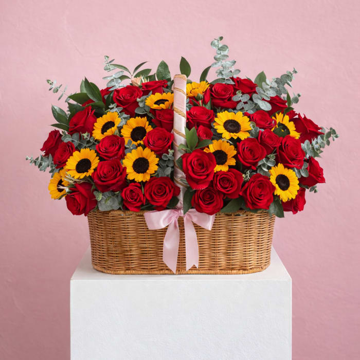 Basket of red roses and yellow sunflowers with a pink ribbon