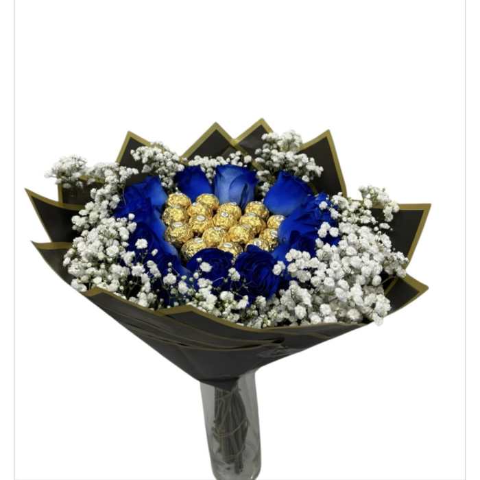Blue roses with white baby's breath and gold-wrapped chocolates in black wrap