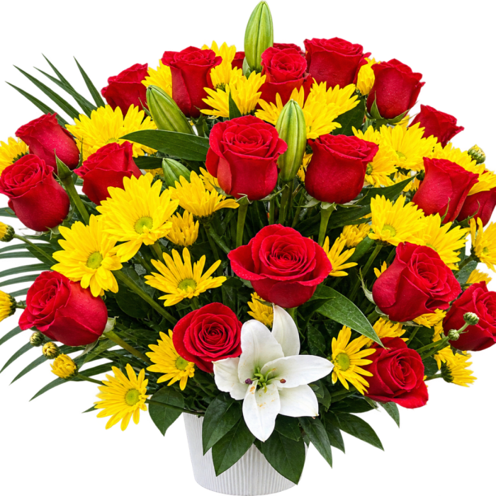 Red roses and yellow daisies in a white vase with a white lily