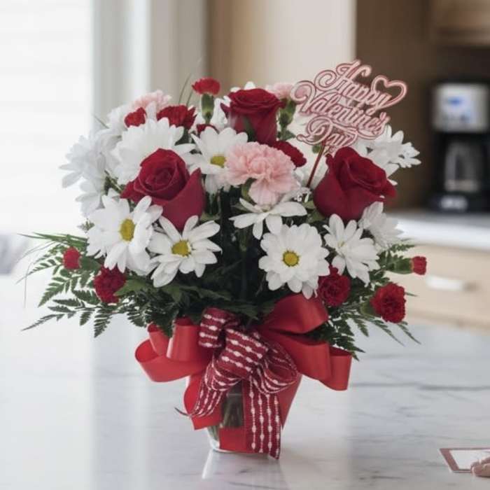 Bouquet of red roses, white daisies, and pink carnations in a glass vase