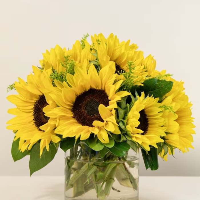 Bouquet of yellow sunflowers in a clear glass vase