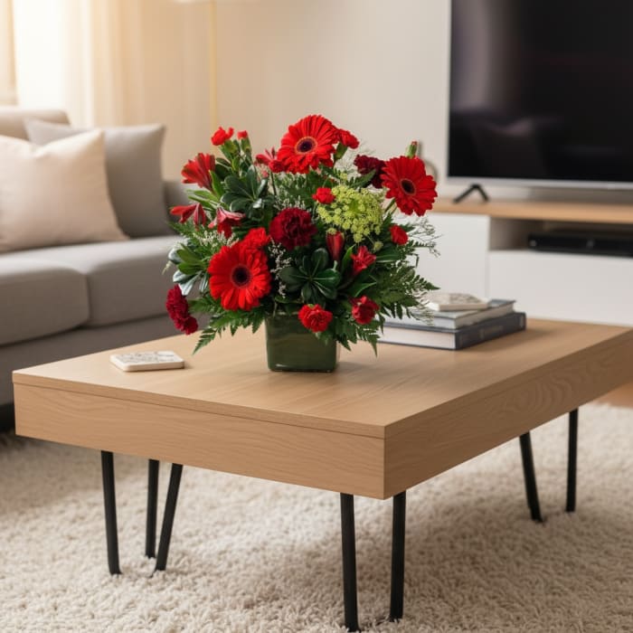 Red gerbera daisies and carnations in a green vase on a coffee table
