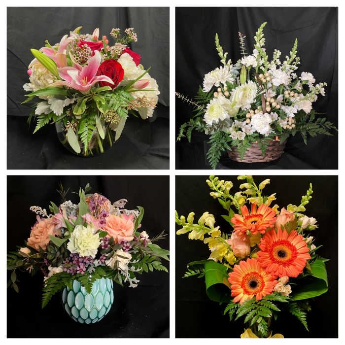 Four floral arrangements with lilies, roses, and gerbera daisies in vases and baskets