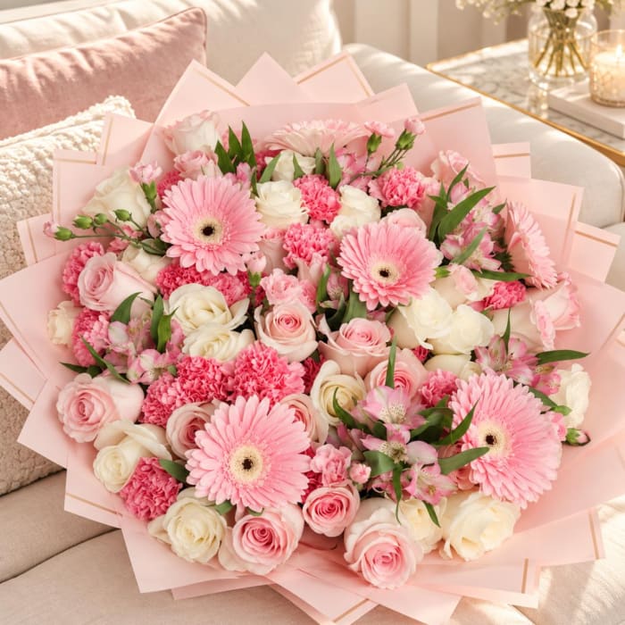 Large pink and white bouquet with roses and gerbera daisies