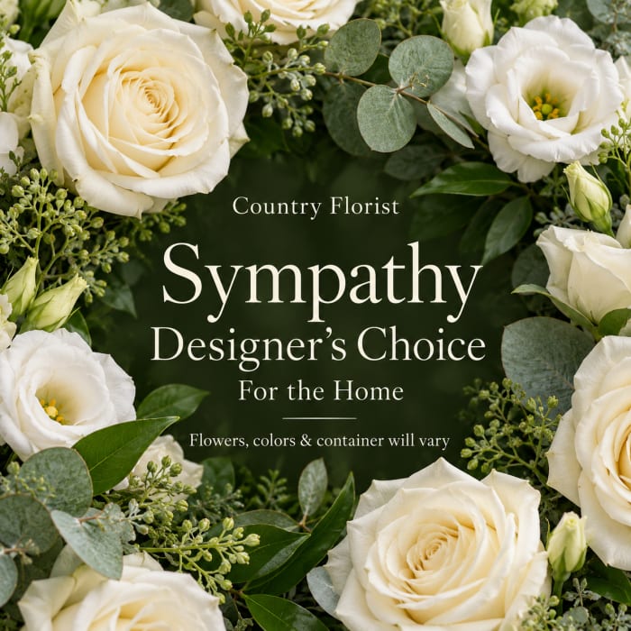 White roses and lisianthus with greenery around sympathy text