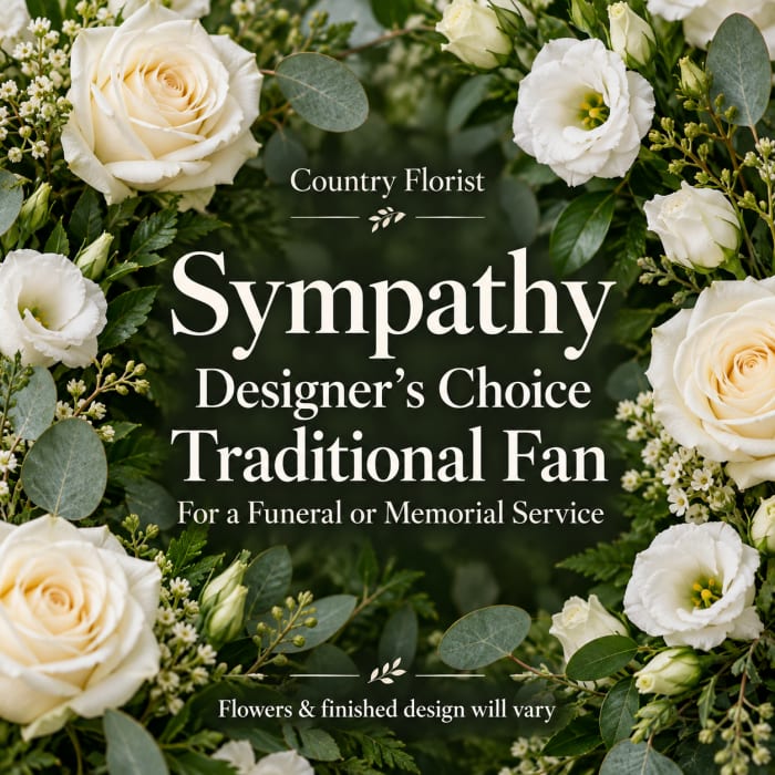 White roses and white blooms arranged in a green wreath with text overlay
