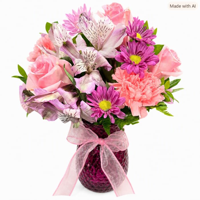 Pink and purple bouquet in a textured vase with a ribbon bow
