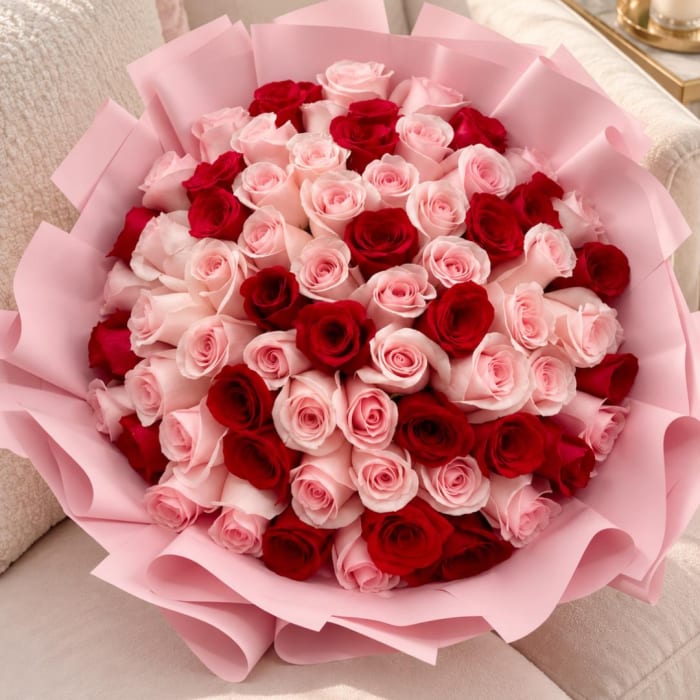 Bouquet of red and pale pink roses wrapped in pink paper