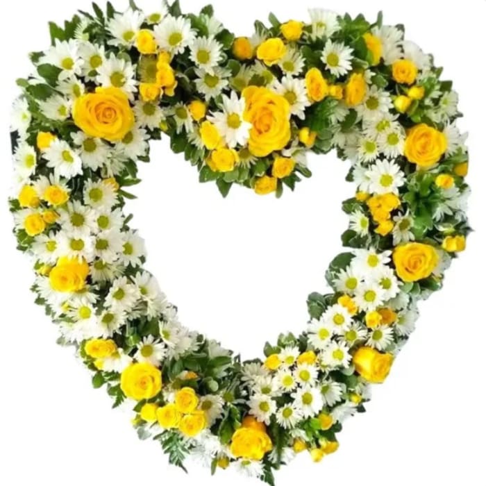 Heart-shaped floral wreath with yellow roses and white daisies