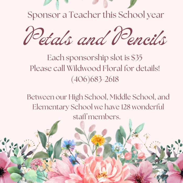 Floral school sponsorship flyer with pink flowers and text
