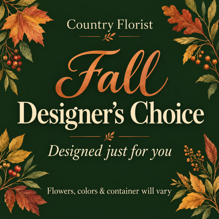 Fall Designer's Choice graphic with autumn leaves and text on a dark green background