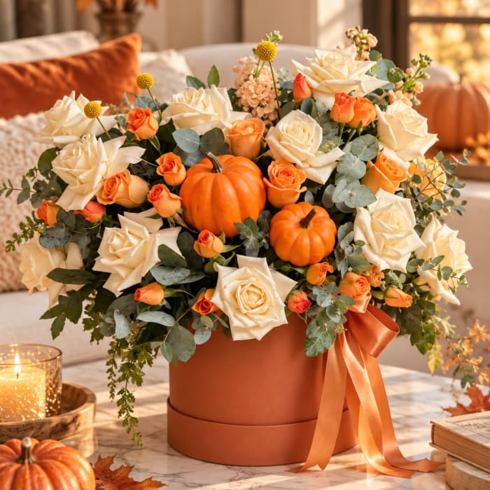 Orange and cream rose arrangement with pumpkins in a ribboned box