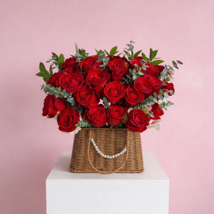 Red rose arrangement in a wicker basket with greenery