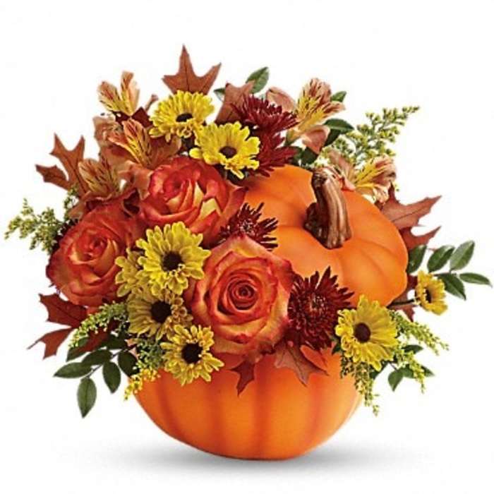 Pumpkin-shaped arrangement with orange roses and yellow daisies