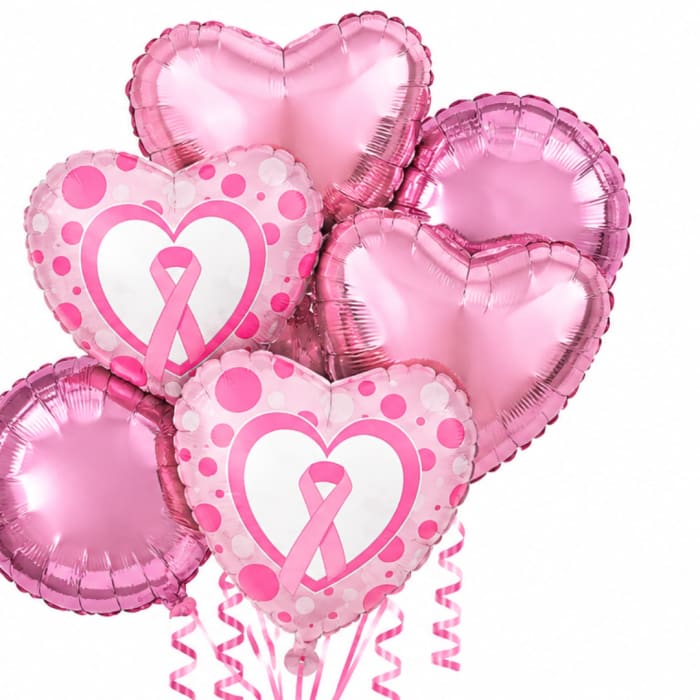 Cluster of pink heart-shaped balloons with breast cancer ribbon designs