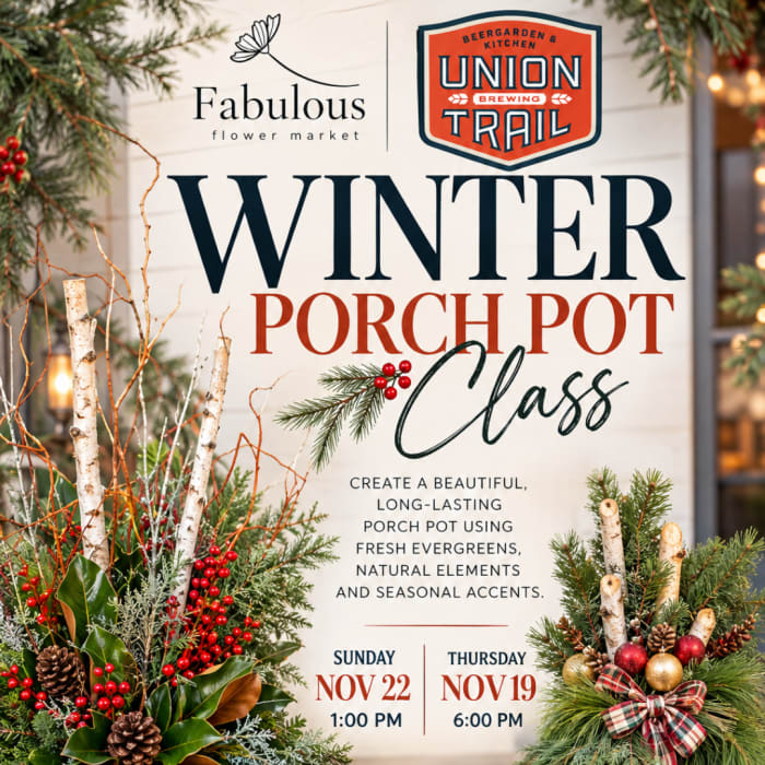 Winter porch pot class poster with evergreen arrangements and red berries