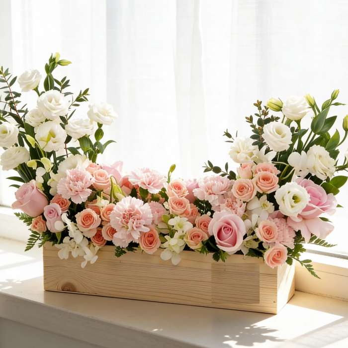 Pink and white floral arrangement in a wooden box