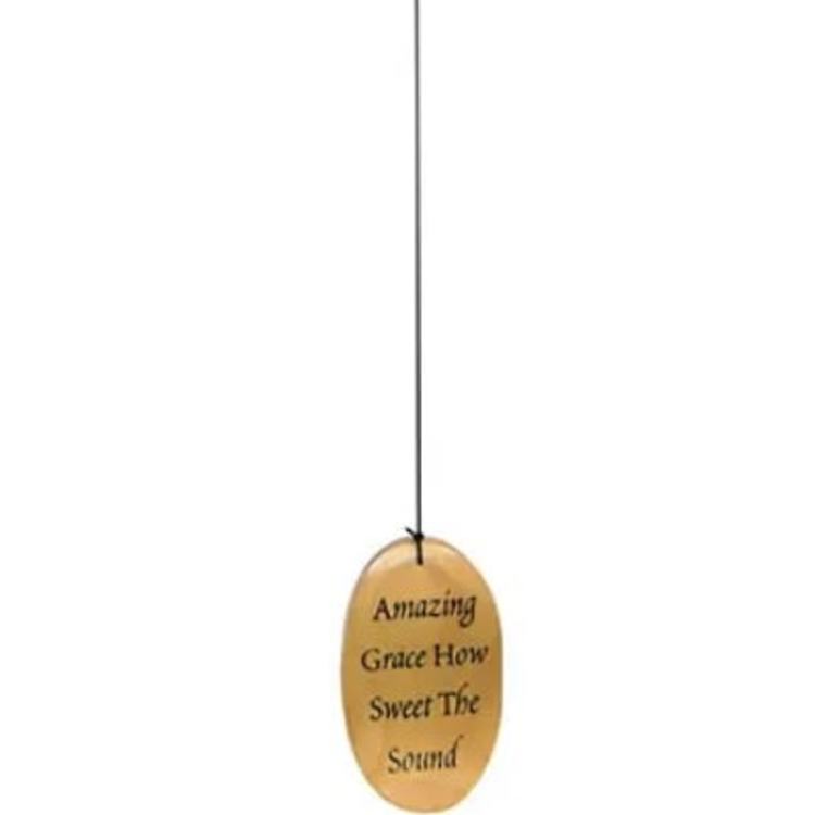 Hanging silver wind chime with wooden accents and a dangling oval tag