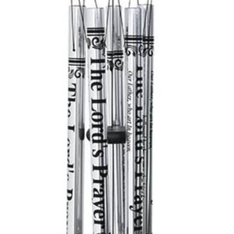 Black and silver wind chime with engraved prayer tubes