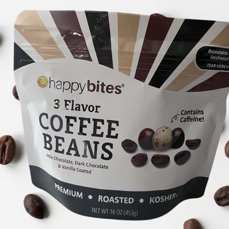 Bag of chocolate-covered coffee beans on a white background