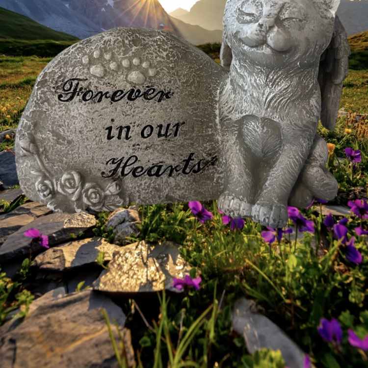 Cat memorial statue beside a stone reading "Forever in our Hearts"
