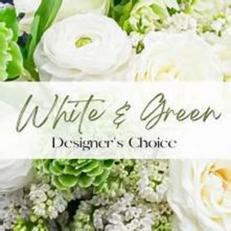 White flowers and green succulents with a "White & Green" label